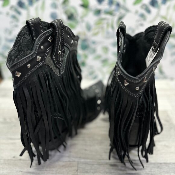 NWOT Rockin’ Country Collection (10-M) Black Leather Cowboy Boots Fringe Studs - Picture 2 of 4